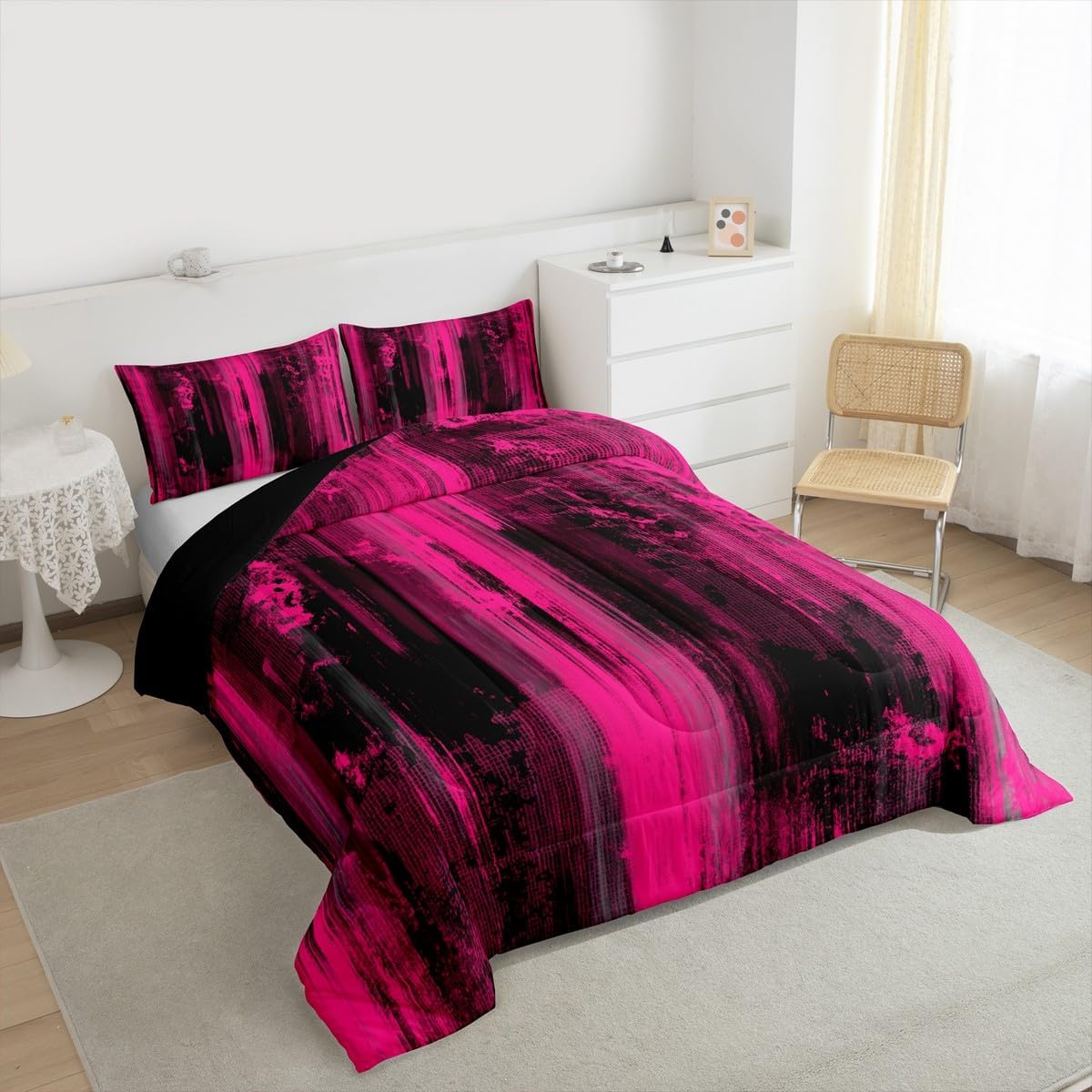 Feelyou Abstract Comforter Set Twin Size Modern Abstract Art Bedding Set for Kids Boys Girls Hot Pink Black Duvet Quilt Luxury Bedroom Decor Microfiber 2 Pcs with 1 Pillow Cases