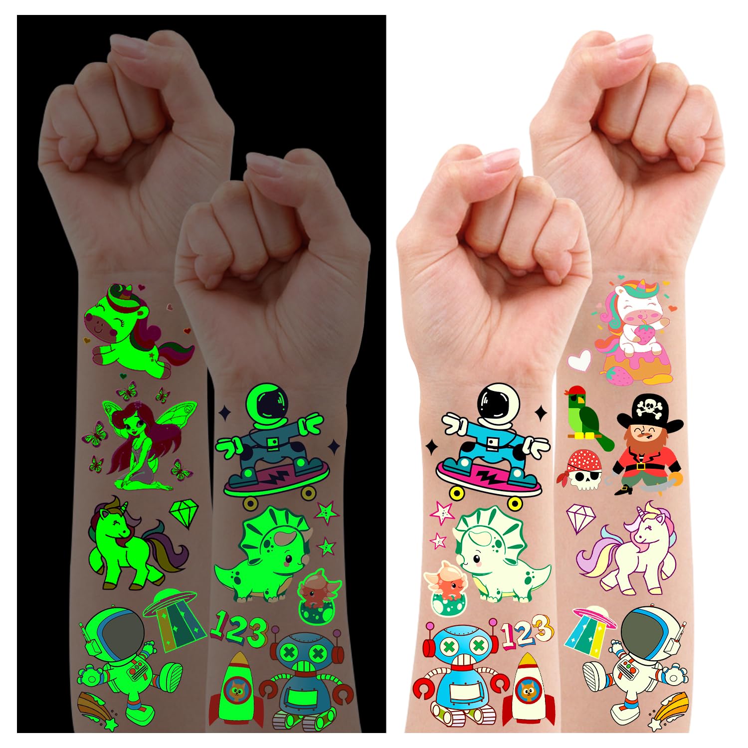 Leesgel 20 Hojas Tatuajes Temporales Niños, Luminoso Tatuajes Temporales Unicornio/Dinosaurio/Sirena, Detalles Regalos Cumpleaños Niños Colegio Relleno Fiesta Juguetes Regalo Niña Niño