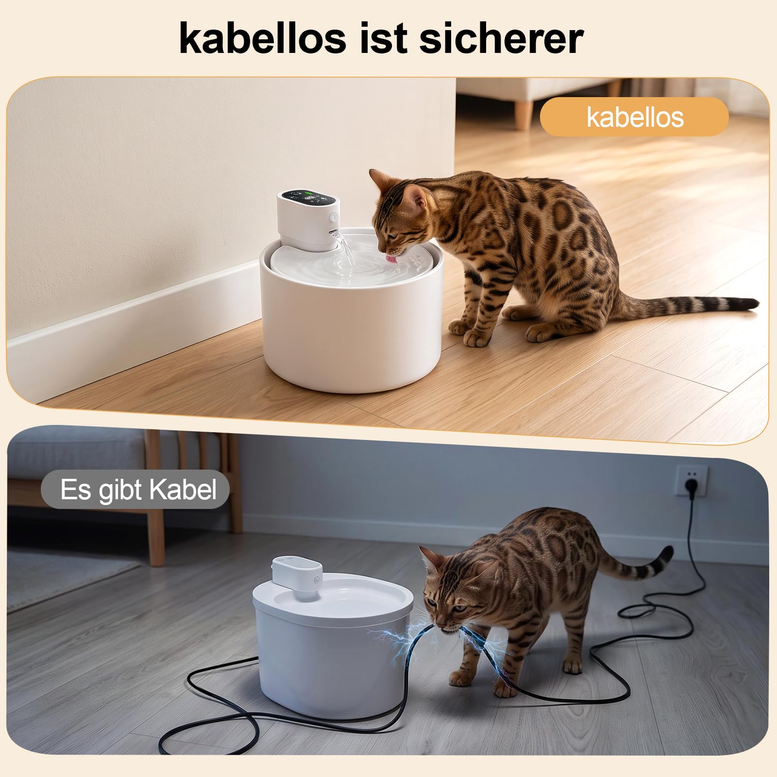 Katzenbrunnen Keramik kabellos 2,3L, Trinkbrunnen für Katzen für Indoor | Bewegungssensor, trinkbrunnen für katze kabellos 4000mAh, Ultra-leise pumpe, Mehrschichtfilter