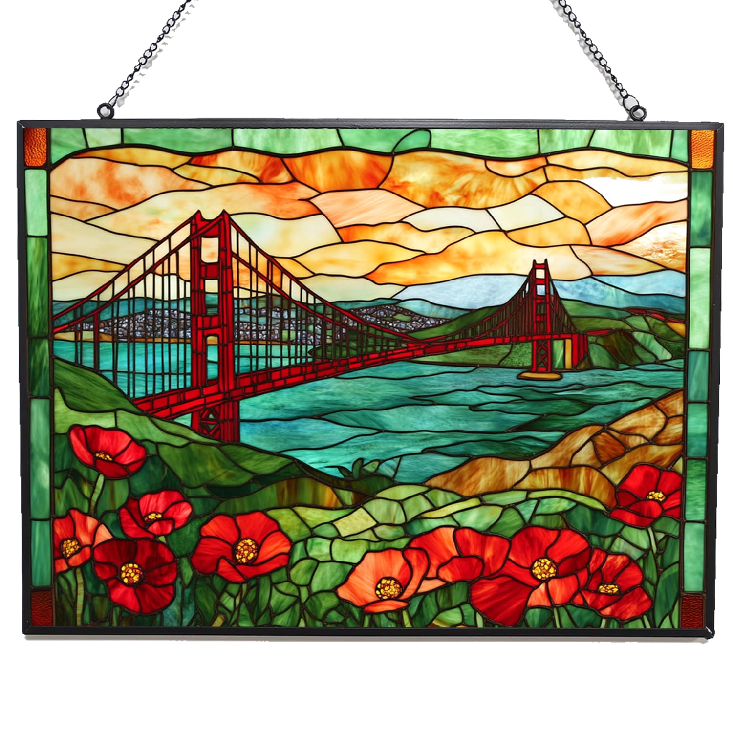 365CUSGIFTS Rectangle Vintage Golden Gate and Poppies Stained Glass Window Hanging Customized Suncatcher Glass Panel with Metal Chain Sun Catchers Wall Art Home Decor Gift for Women Mothers Day