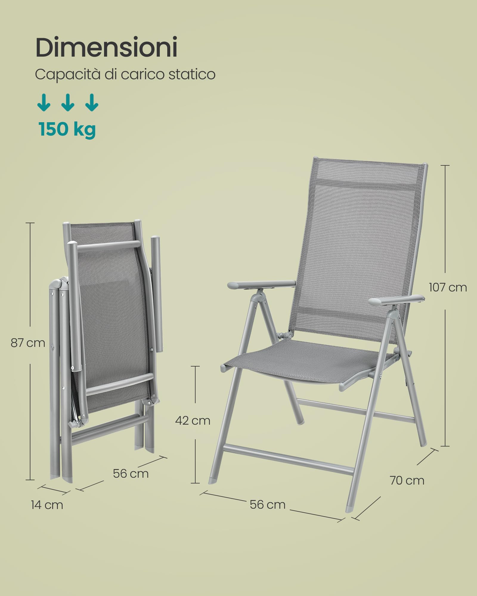 SONGMICS Sedie da Giardino Pieghevoli 2 Pezzi Struttura Metallo Schienale Regolabile 8 Posizioni 150 kg Grigio GCB29GY
