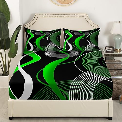 Miniatura 4 de Erosebridal Juego de sábanas geométricas tamaño individual, juego de sábanas de líneas a rayas para niños y niños, hojas geométricas verdes, negras