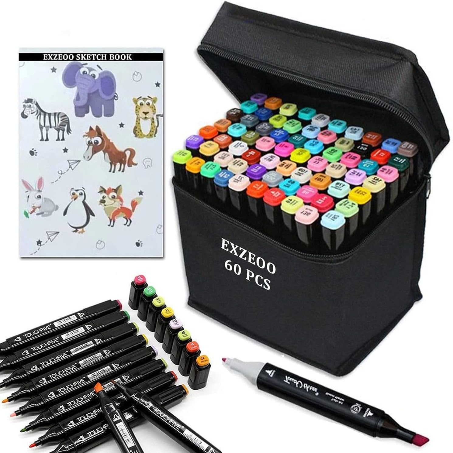 EXZEOO 60 Colored Markers Set, Double Tipped Markers for Artisits, Twin Marker Pens with Storage Base and Sketch book