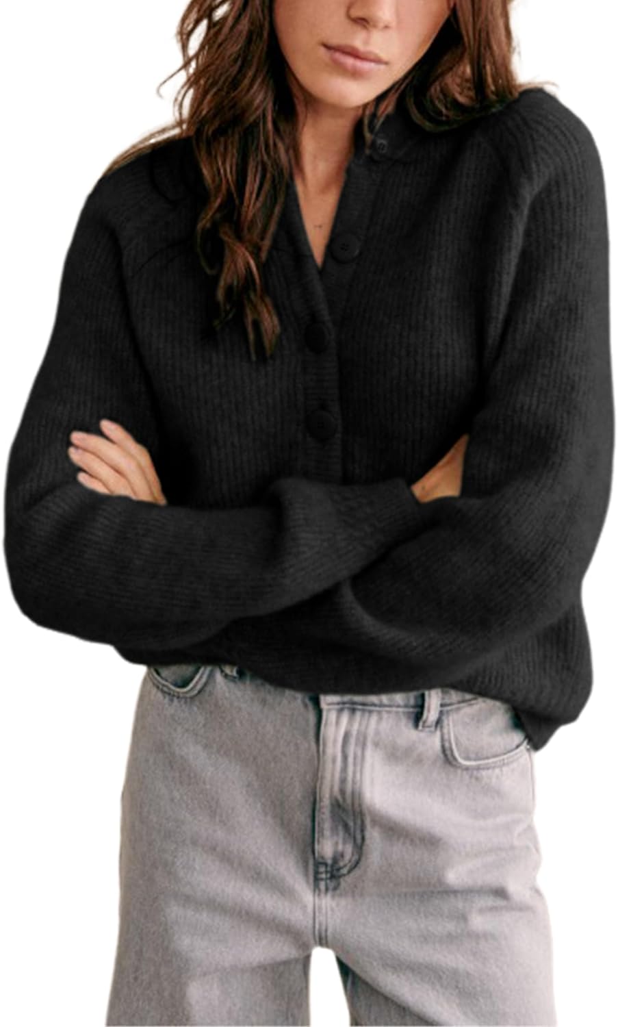 Bianstore Womens Casual Long Sleeve Crewneck Button Down Cardigan Chunky Knit Open Front Sweater Tops