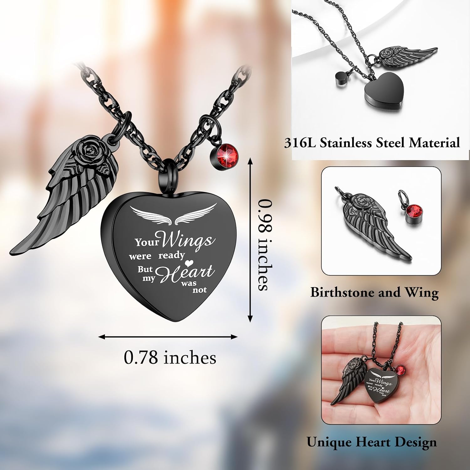 Heart Urn Necklace for Pet Ashes Cremation Jewelry for Ashes Ash Necklace for Dog Cat Ash Cremation Memorial Gift-Black