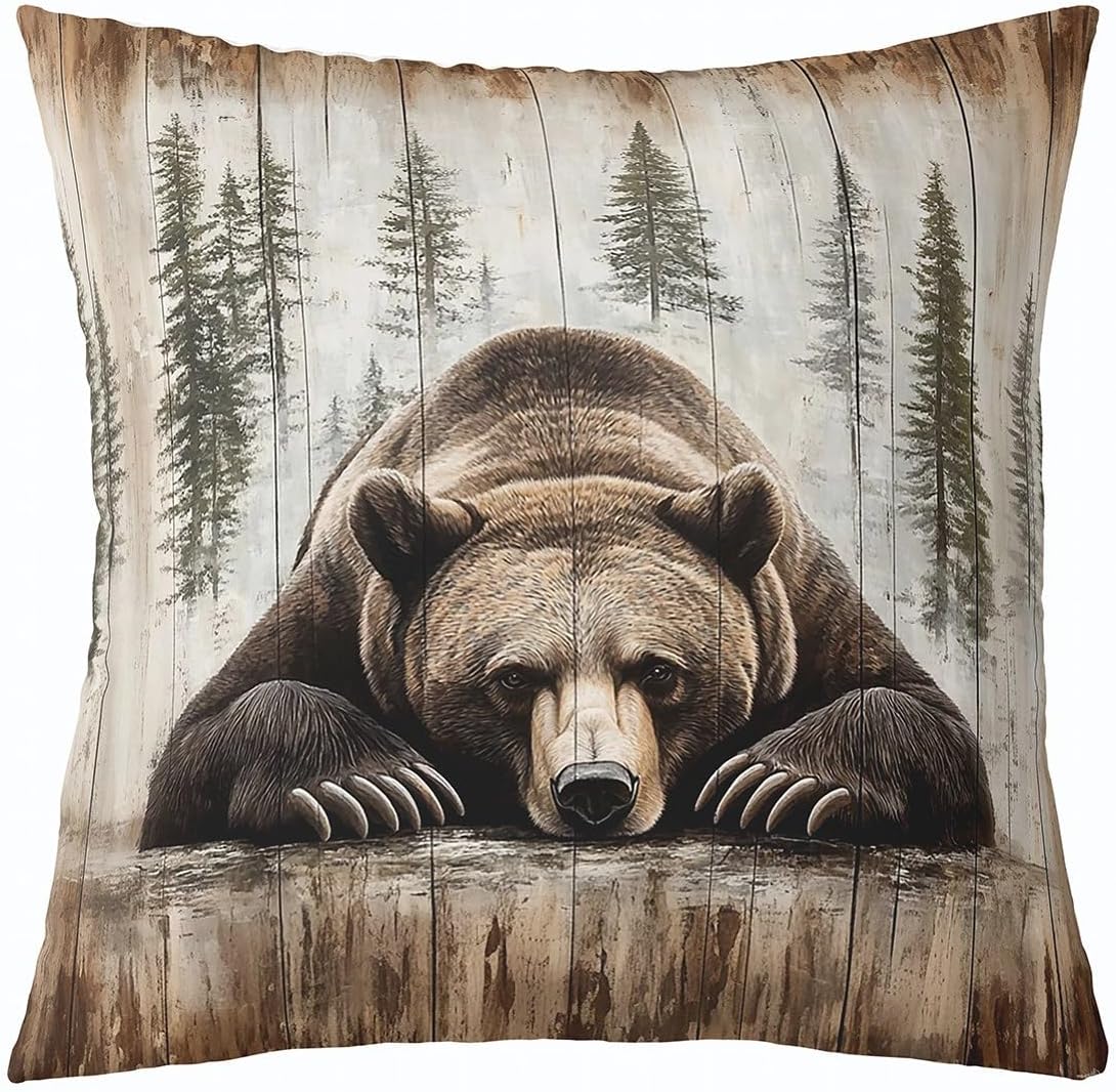 Feelyou Vintage Bear Throw Pillow Covers 16"x16" Set of 4 Soft Kids Cabin Deer Hunting Decor Pillowcases for Boys Girls Teens Farmhouse Wolf Moose Animals Wood Cushion Case Room Decor