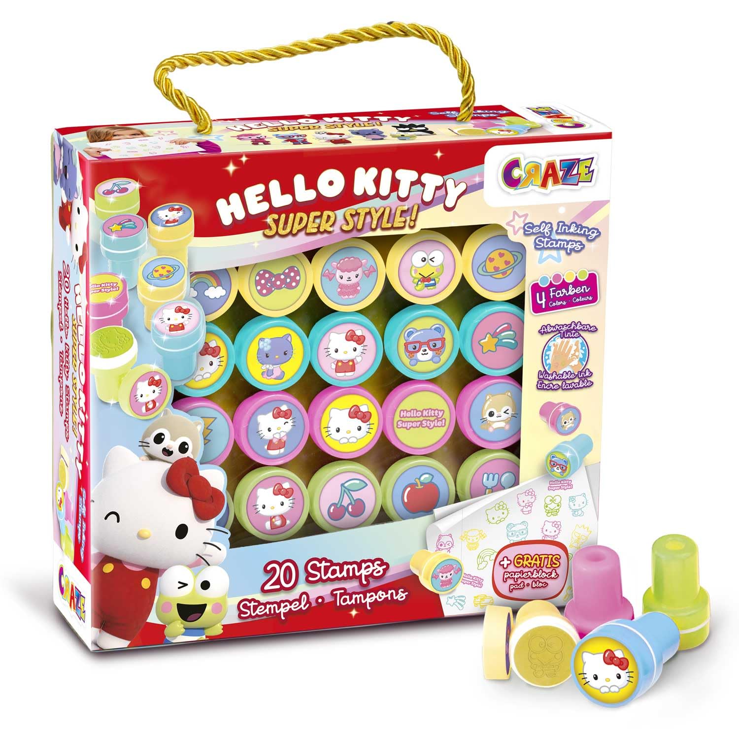 CRAZE 20 Hello Kitty Kids Rubber Stamps Set: 4 Colors, Washable Ink, Notepad Included