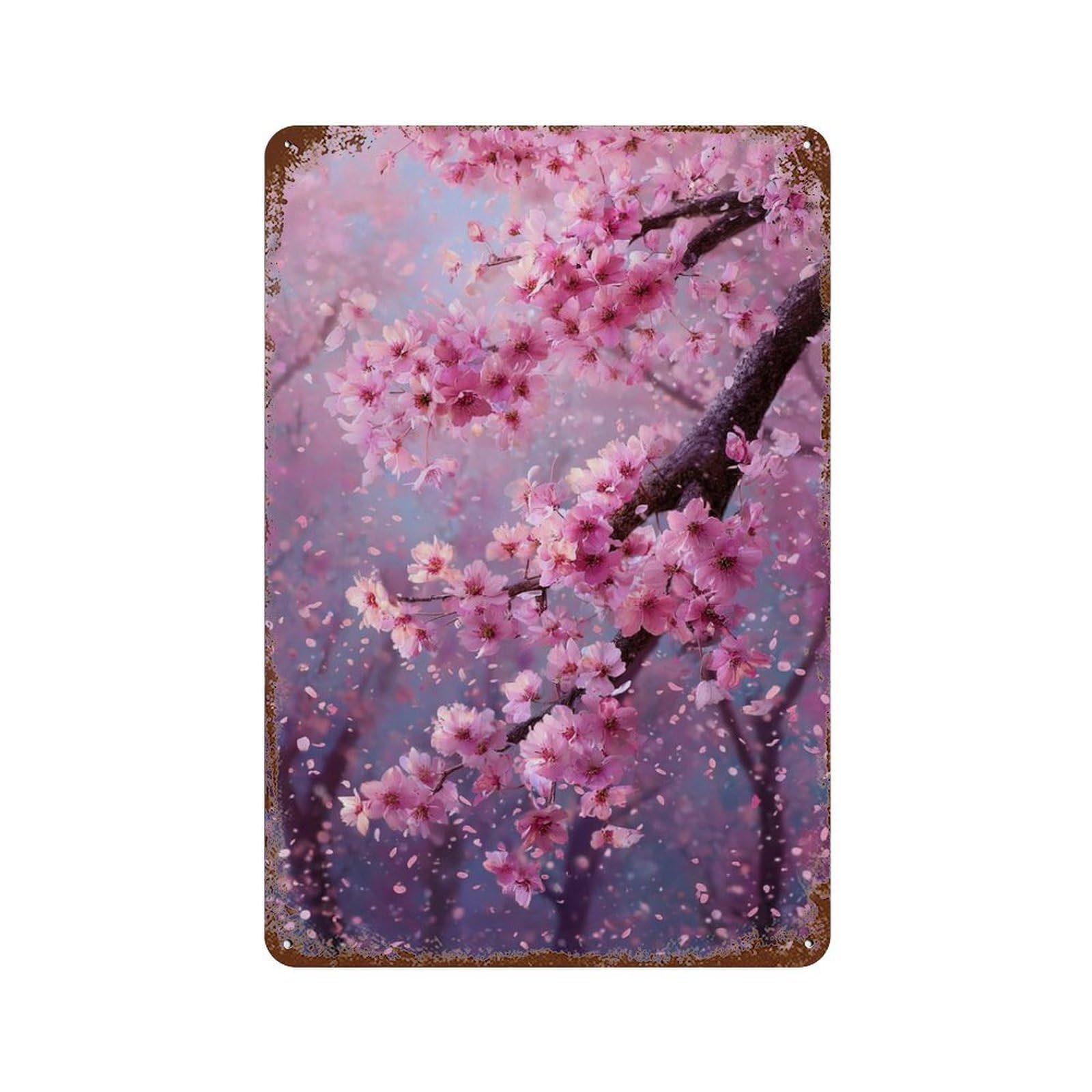 Cherry Blossom Rain Vintage Rust Metal Sign 11.8"x7.9", Ideal for Cafe, Home Bar And Lounge Decor