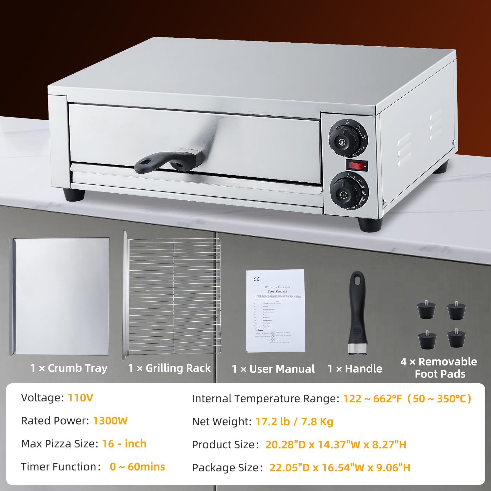 Horno de pizza comercial, horno de pizza eléctrico de 1300 W con bandeja de migas fácil de limpiar, máquina de pizza de acero inoxidable para pizzas de hasta 16 pulgadas para cocina y uso comercial 7