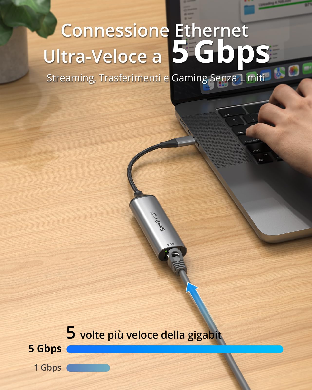 BrosTrend 5Gb Adattatore Ethernet USB C Plug & Play, Alluminio Adattatore di Rete Ethernet LAN per PC MacBook Pro/Air, iPad (Thunderbolt 5/4/3), Compatibile con Windows, MacOS iOS etc. Garanzia a Vita