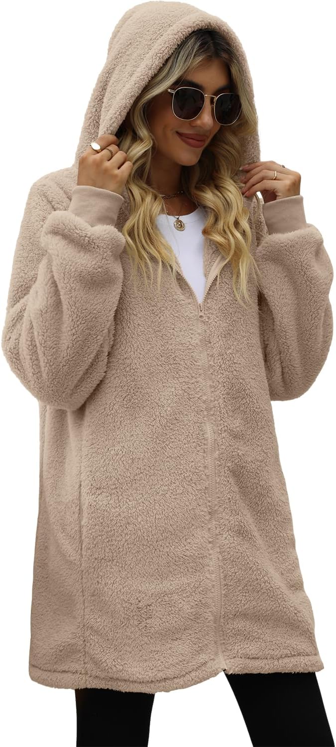 ReachMe Womens Fleece Zip Up Jacket with Pockets Oversized Long Sherpa Hoodie Fuzzy Jackets Warm Teddy Coat - Image 7