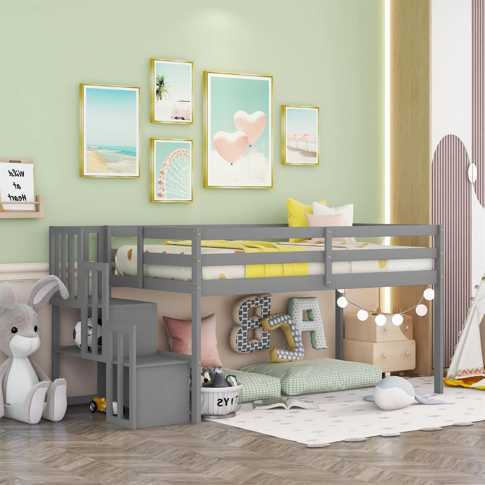Bellemave Low Loft Bed for Kids,Twin Size Loft Bed with Storage Staircase,Wood Loft Bed Frame for Boys Girls Teens(Gray)