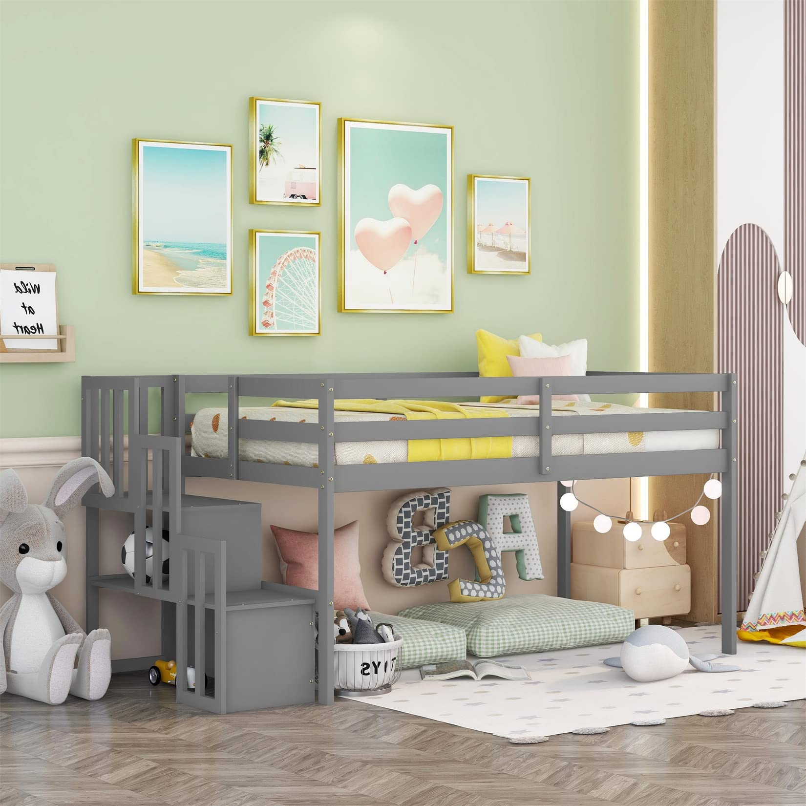 Bellemave Low Loft Bed for Kids,Twin Size Loft Bed with Storage Staircase,Wood Loft Bed Frame for Boys Girls Teens(Gray)