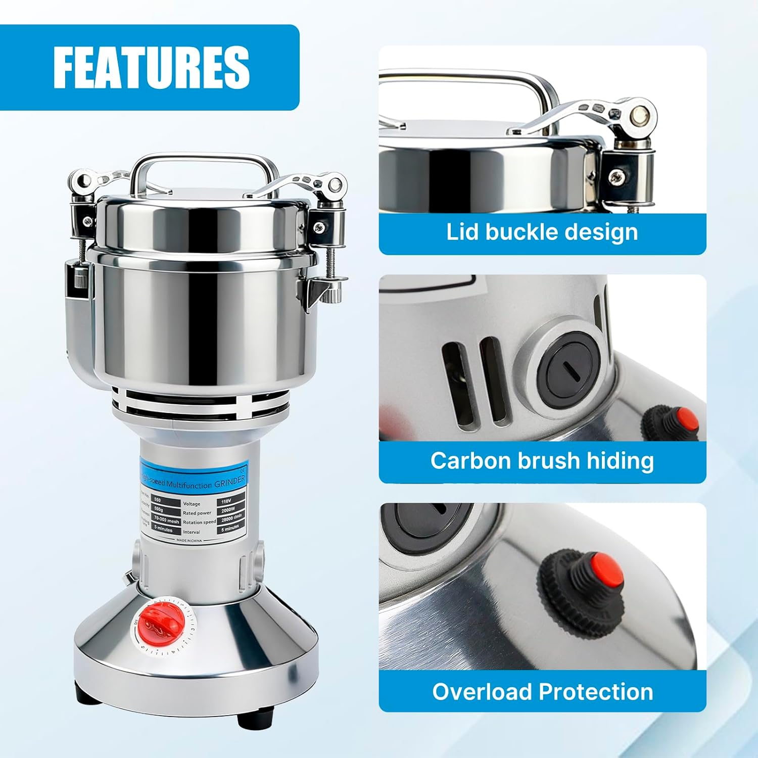 Electric Grain Mill Grinder,High Speed Electric Stainless Steel Spice Grinders,Pulverizer Powder Machine for Dry Grains Coffee Rice Spice Herbs Corn Pepper (550g)