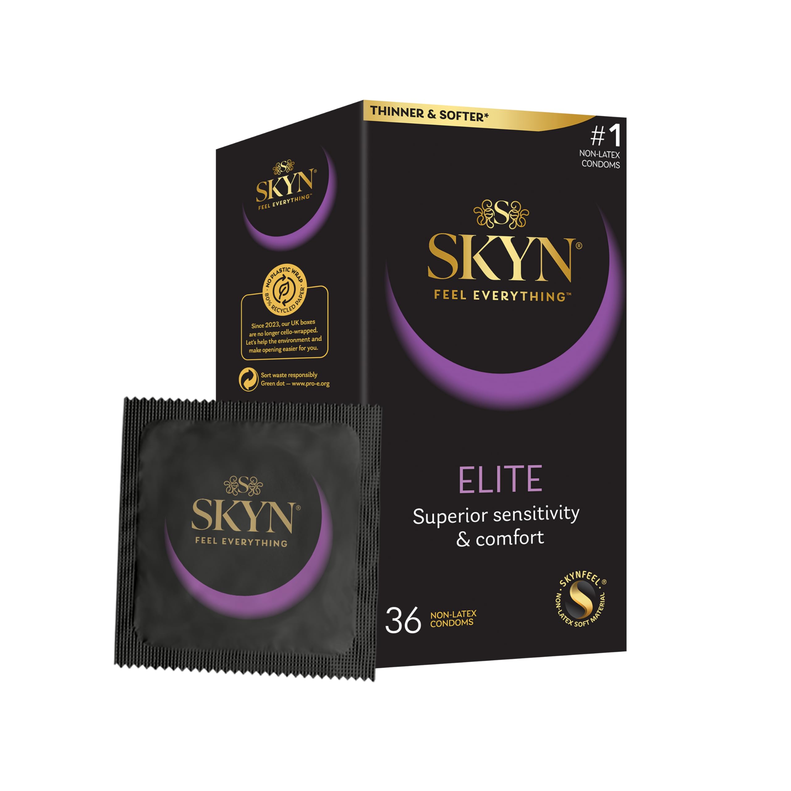 Elite Condoms Pack of 36 / Skynfeel Latex Free for Men, Regular Size, Ultra-Thin & Soft, Smooth Straight Shape, 53mm Wide