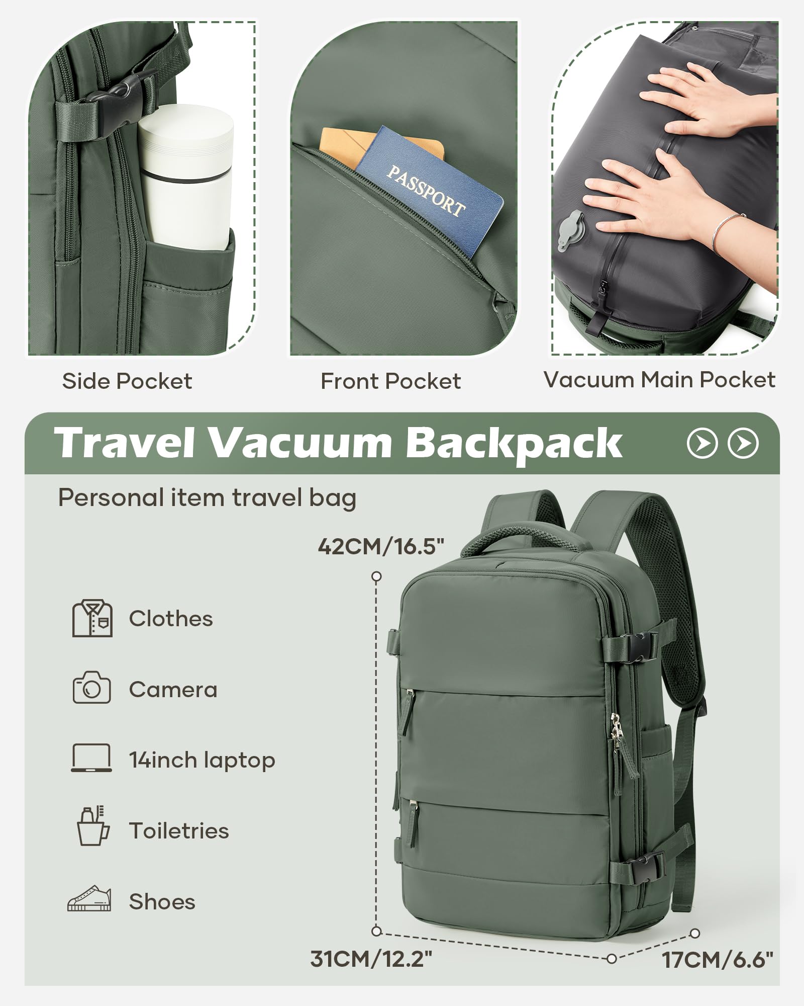 bergsalz Grande Zaino Ryanair Easyjet 45x36x20 Sottovuoto Viaggio Con Pompa, Zaino Da Viaggio Aereo Bagaglio a Mano Con Sottovuoto Incorporato Donna Uomo Verde