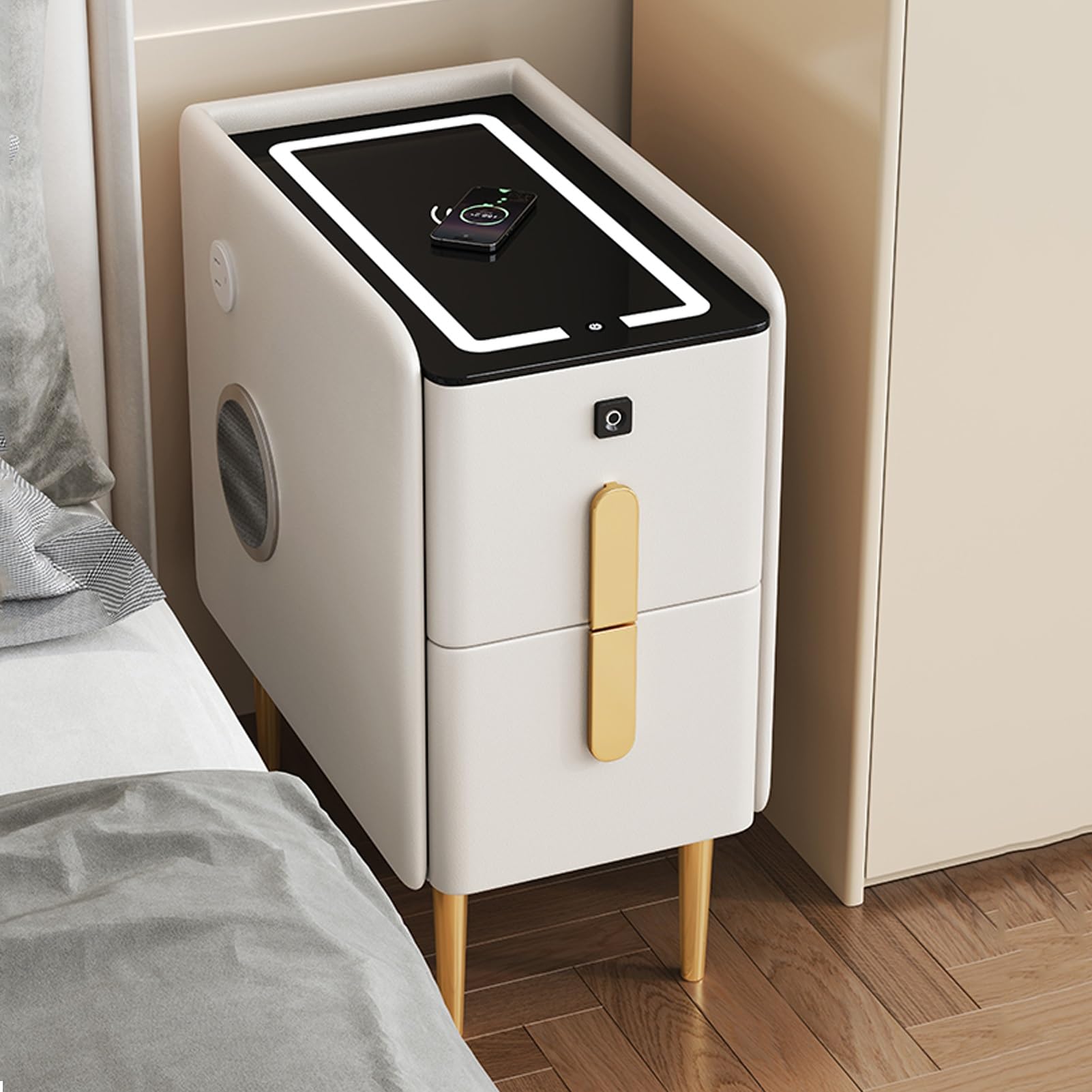 Table de chevet étroite avec serrure empreinte et enceinte connectée intégrée