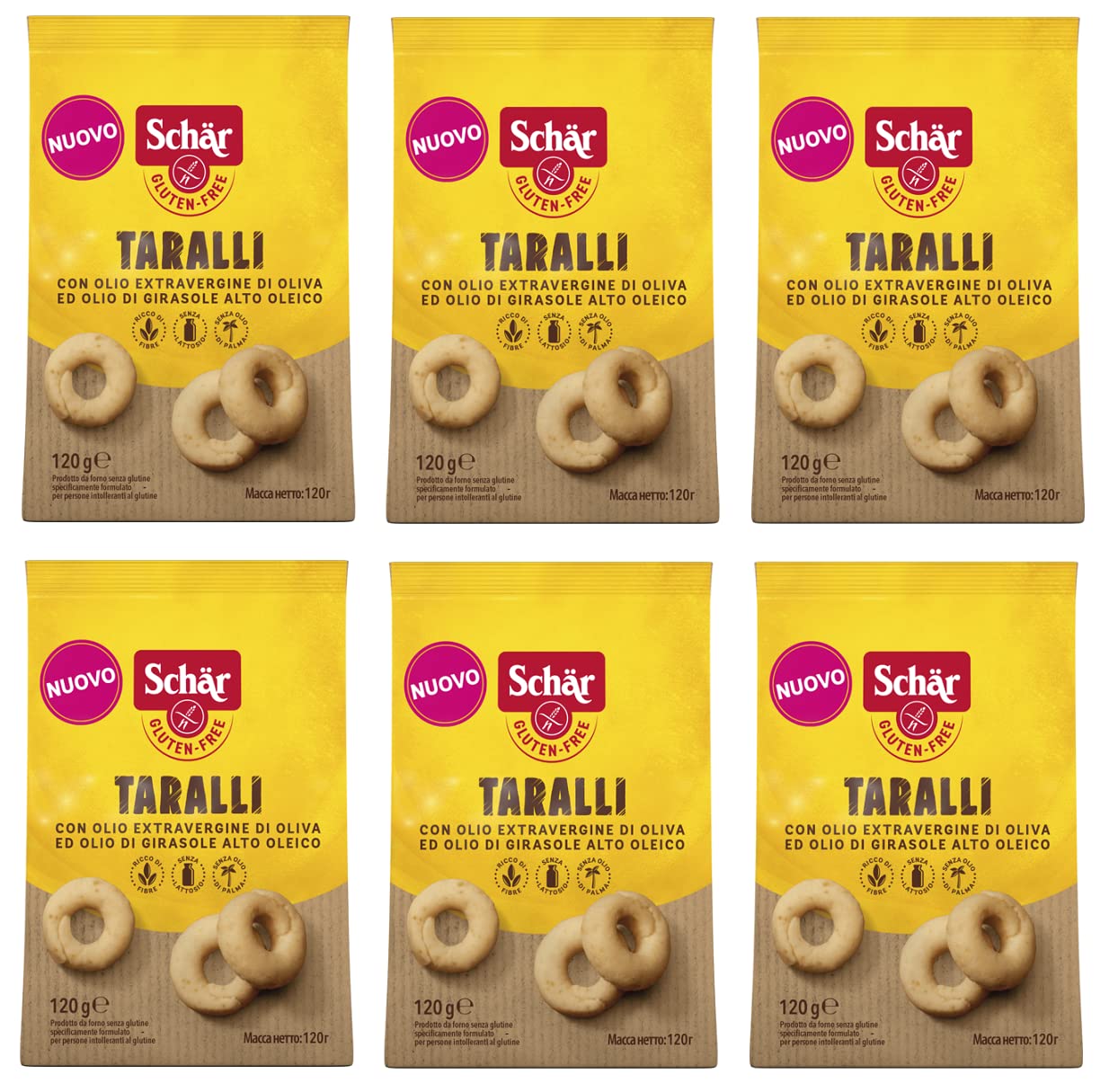 6x Schär Gluten Free Taralli mit Nativem Olivenöl Extra und Sonnenblumenöl Salziger Snack Glutenfrei 120g Beutel Perfekter Aperitif-Snack