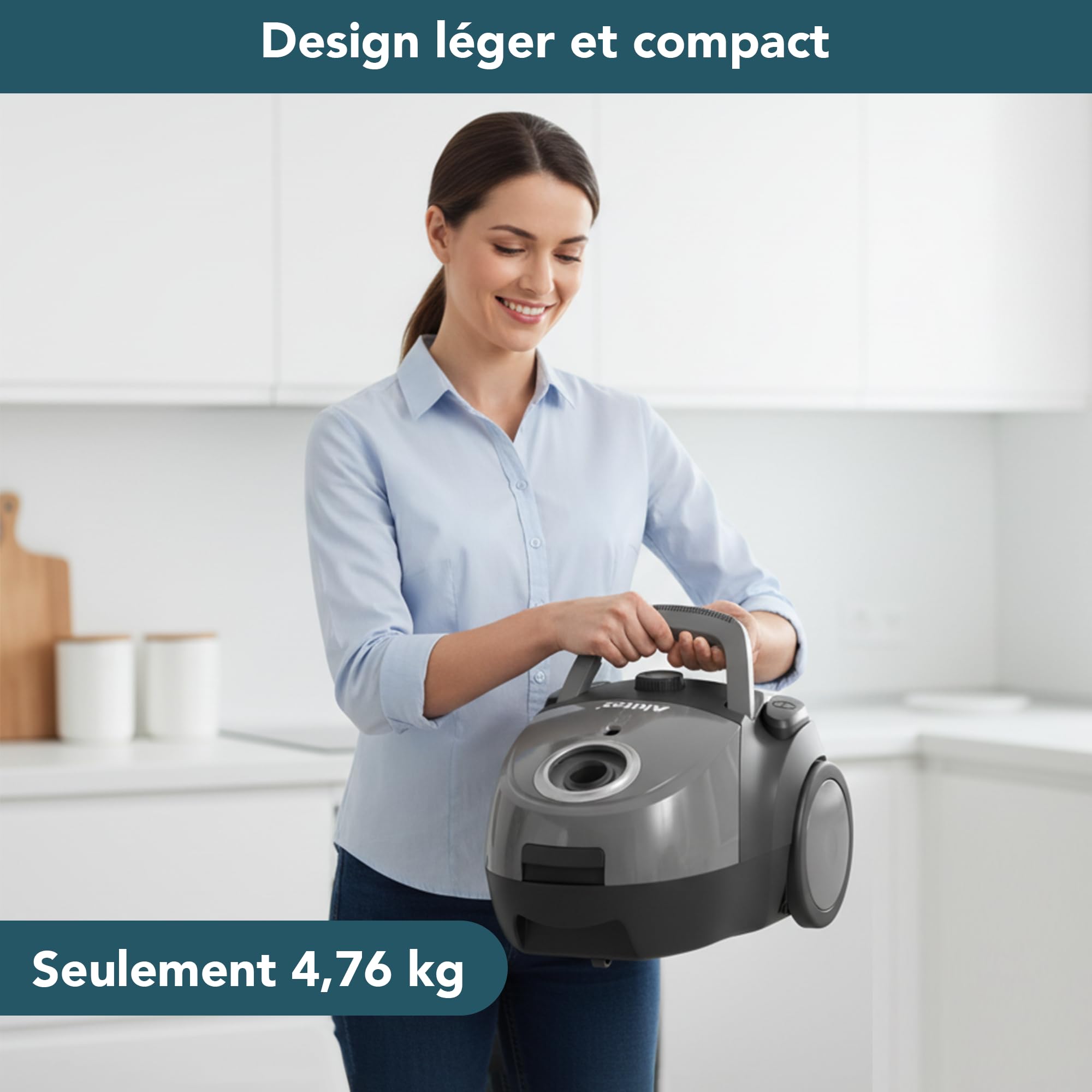 Akitas C5 Aspirateur avec Sac 850W, Portée 9m, Brosse Allemande Wessel-Werk, Filtre HEPA pour Allergies et Animaux, Compact et Léger
