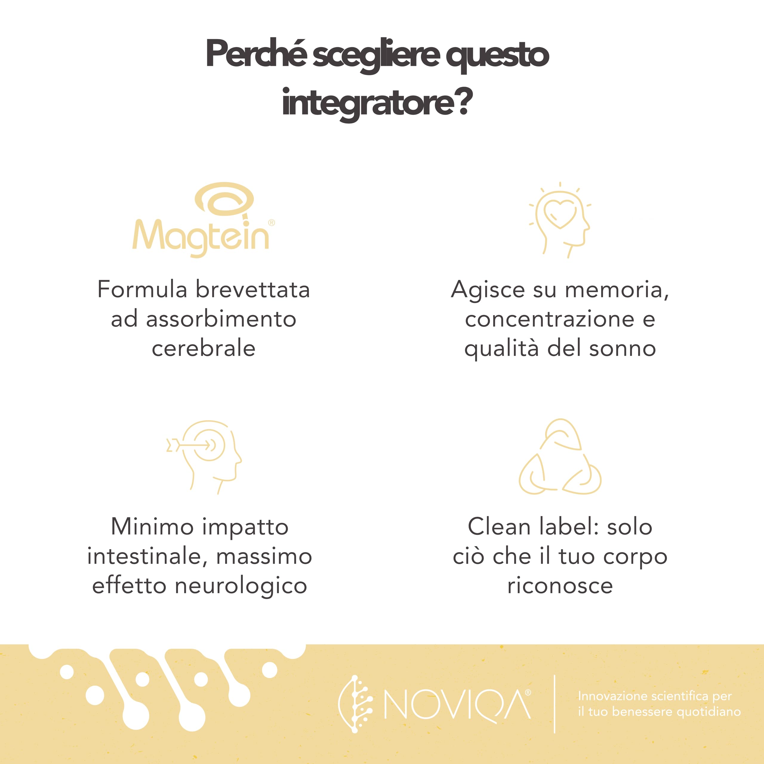 NOVIQA Magnesio L-Treonato Magtein® 2000 mg, 60 Compresse, Integratore Magtein Magnesio Treonato Puro ad Alta Biodisponibilità, Concentrazione, Memoria, Riduzione Stanchezza Mentale, Vegan