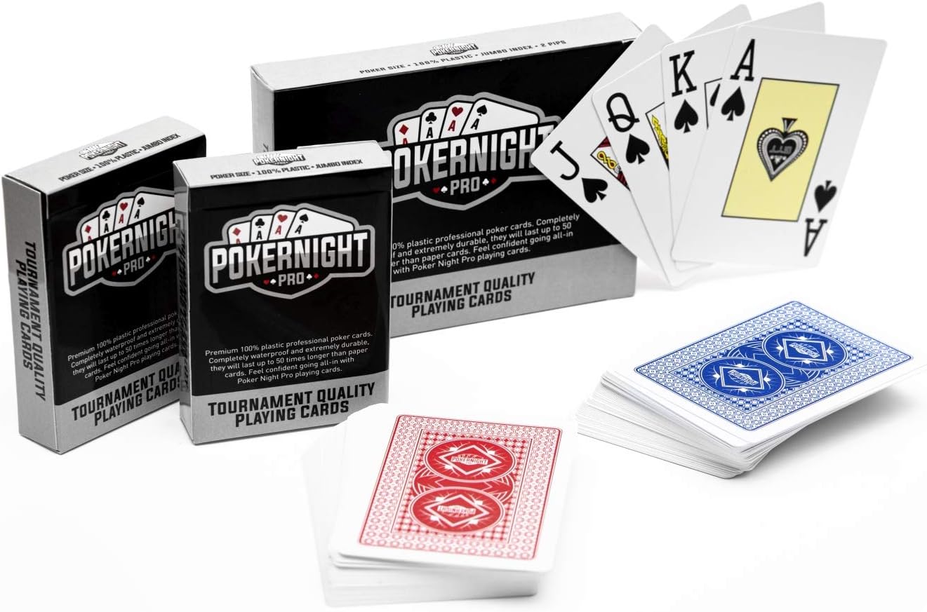 Texas Hold Em Poker Cards - 2 Decks of Professional Waterproof Plastic Playing Cards UK | (1 x Red/1 x Blue) | 54pcs Per Deck | 2 Jokers | Jumbo Index | Casino Quality
