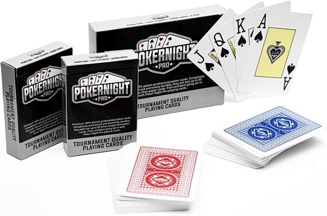 Poker Night Pro 2 Decks of Professional Waterproof Playing Cards | 100% Plastic Texas Holdem Poker Cards (1 x Red/1 x Blue) | 54pcs Per Deck Including 2 Jokers | Jumbo Index | Super Casino Quality