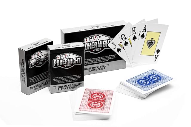 Poker Night Pro – 2 Barajas de Cartas de Póker Texas Hold'em Profesionales | 100% de Plástico y Resistentes al Agua | 54 Cartas por Baraja (1 x Roja / 1 x Azul) | 2 Comodines | Índice Jumbo