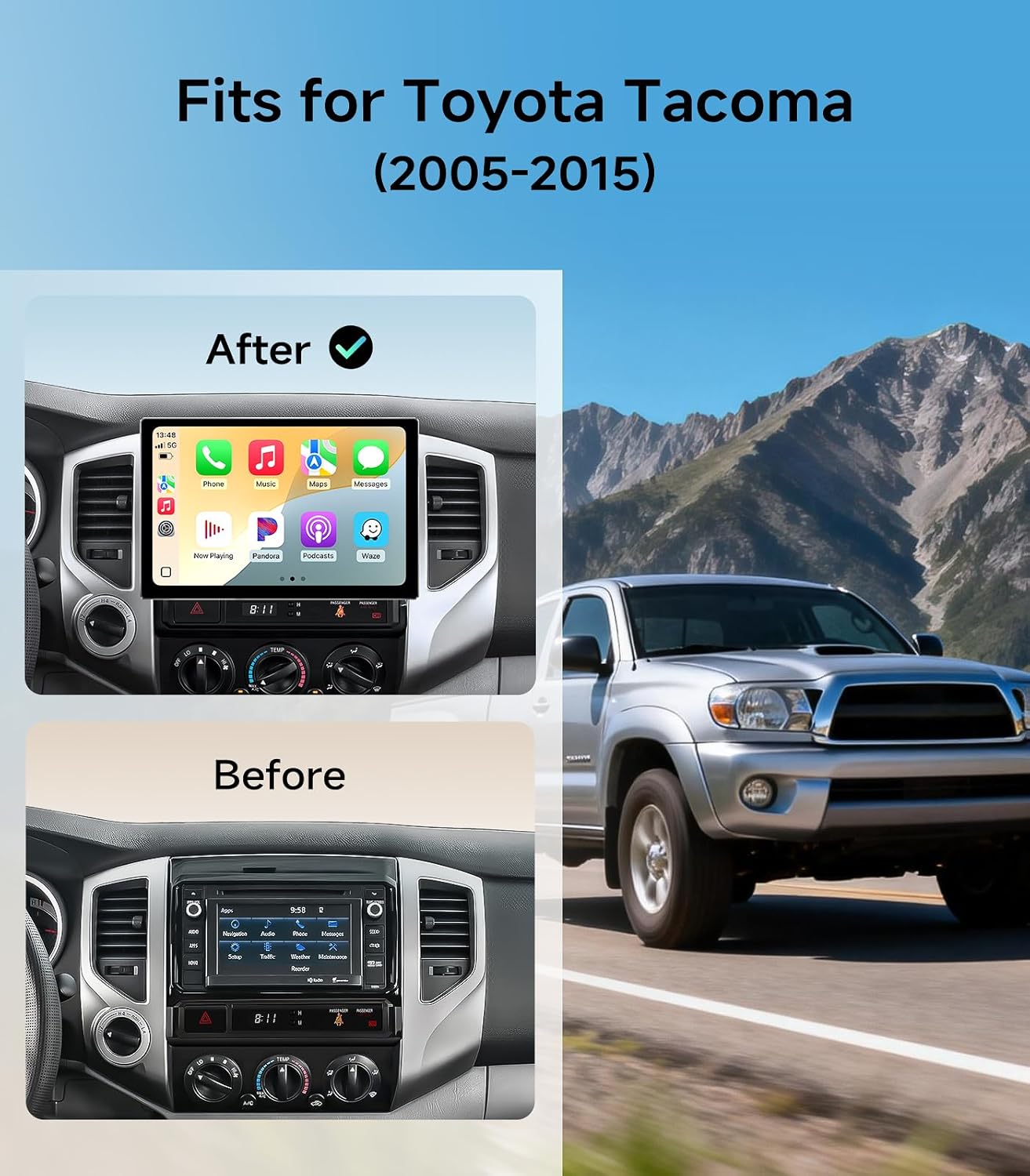 11.5'' Car Radio Stereo Upgrade for Toyota Tacoma 2005-2015 with Android13/5G WiFi/Wireless CarPlay/Android Auto/Touch Screen/GPS Navigation/BT/FM/AM/RDS/HD Backup Camera (8Core 4GB+64GB)