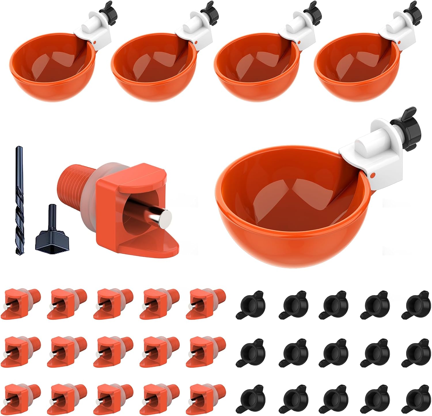 Lil'Clucker Poultry Hydration Set Orange - Large Automatic Chicken Waterer Cups 5 Pack | Feeder | Horizontal Nipples 15 Pack | Easy Install System