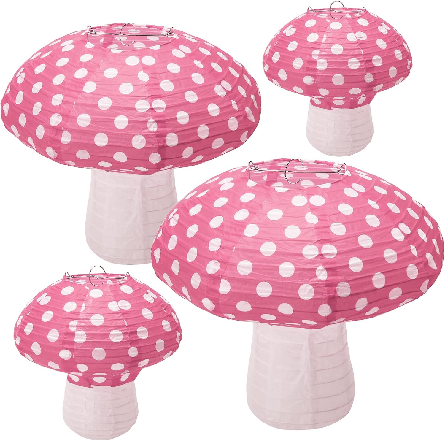 4Pcs Mushroom Shaped Paper Lanterns - Large Mushroom Shaped Paper Lanterns For Nursery, Garden, Christmas Party Decoration - 8 inch, 12 inch (Pink)
