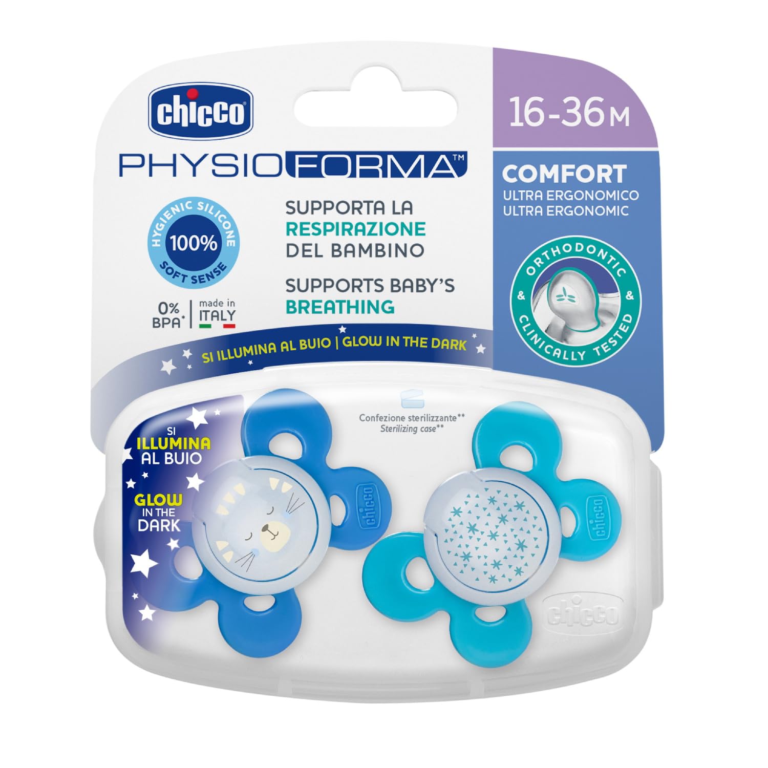 Chicco PhysioForma Comfort Soother for Babies (16-36 Months) (Pack of 2) | Baby Pacifier with Unique Shape to Support Baby's Breathing | Soft Silicon Material | Glow in The Dark | BPA Free (Blue)