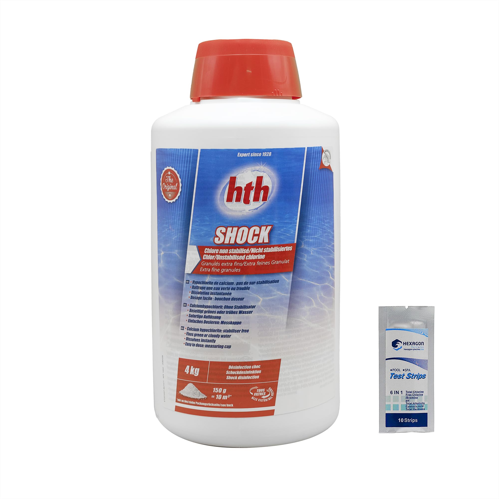 HTH Shock Pouzzarde à Chlorine Non Stabilisée - 4kg + 10 Tests HPS OFFERTS - Désinfection pour la Piscine