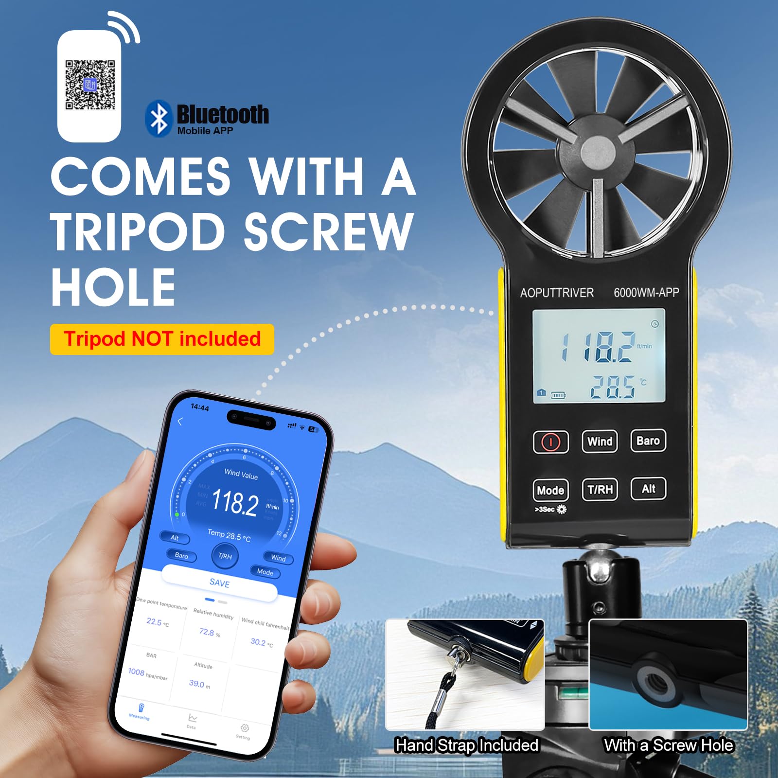 Handheld Windmesser mit APP Anemometer, CFM Anemometer mit Temperatur (°C/°F), 5 Einheiten, Windgeschwindigkeits-, Luftvolumen- und Temperaturmessung für HVAC, Schifffahrt-AP-6000WM-APP