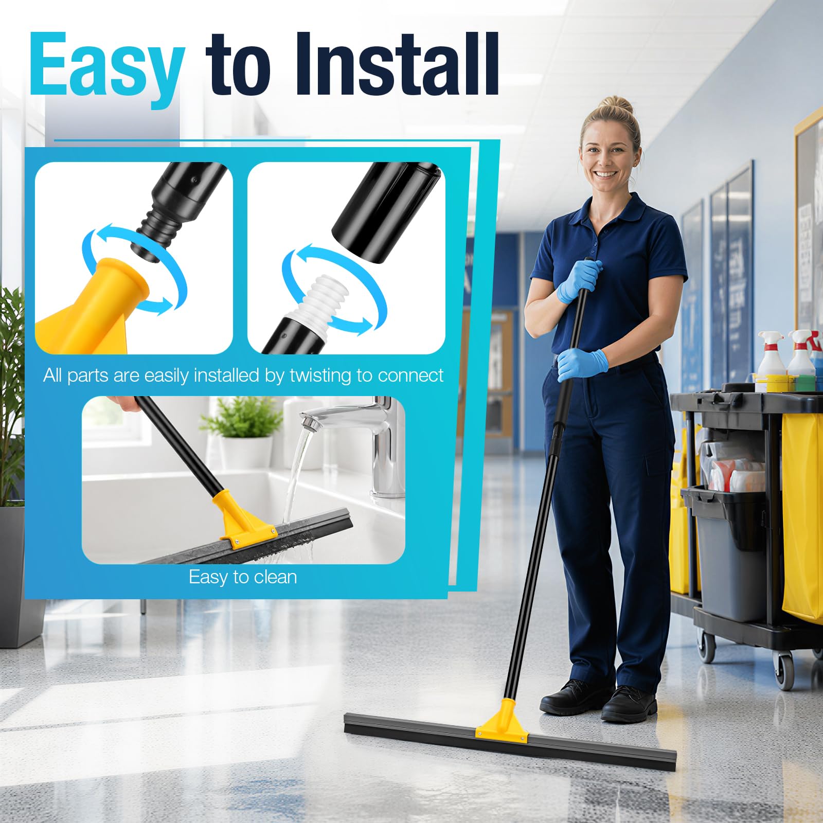Escobilla de goma de 24 pulgadas para suelo de hormigón, escoba grande resistente con mango largo de 57 pulgadas, fregona de goma para azulejos, suelos epoxi, ventana, ducha, patio, piscina, hogar