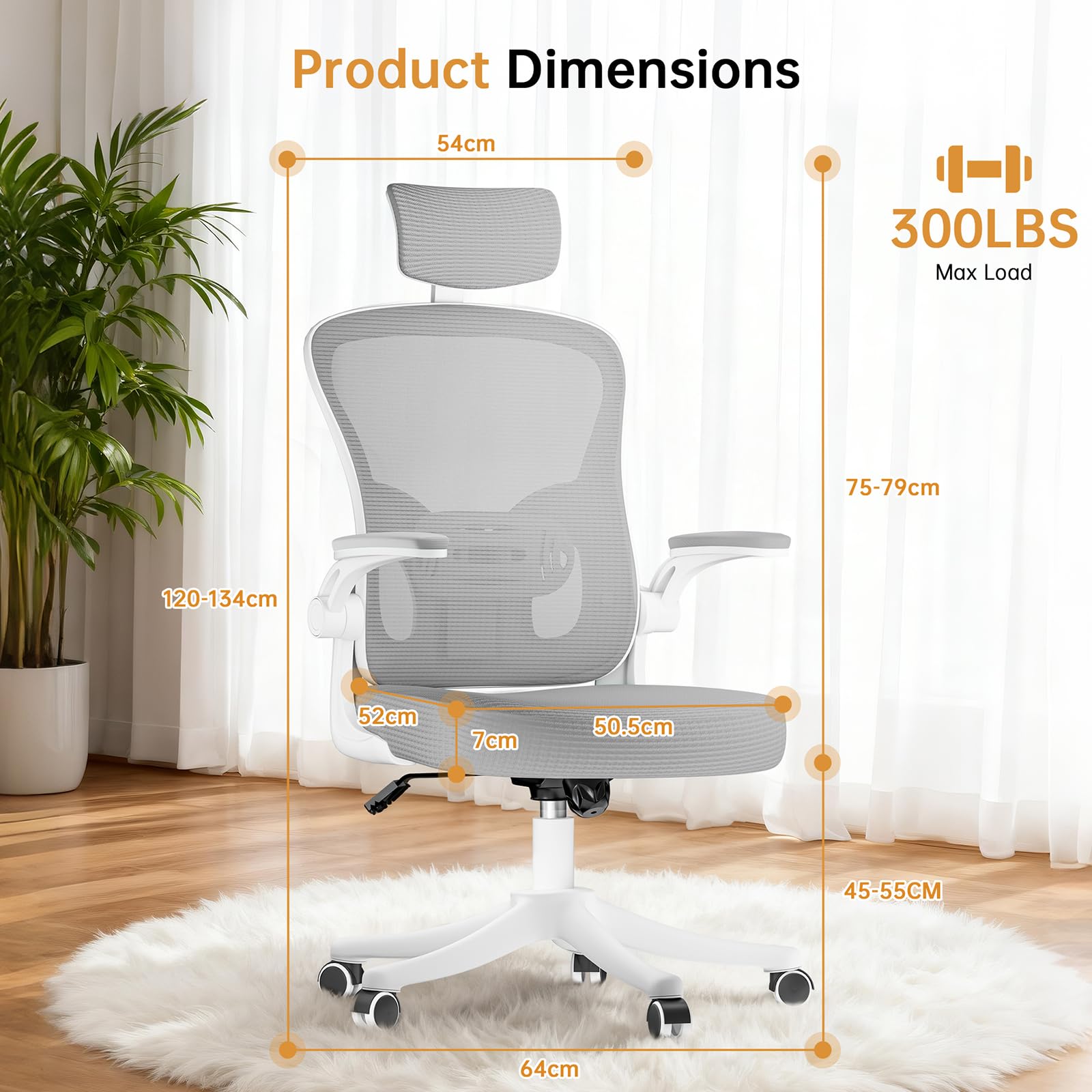 Sedia da ufficio ergonomica con poggiatesta regolabile e supporto lombare, sedia da scrivania in rete traspirante, ruote a 360°, montaggio senza attrezzi (grigio)