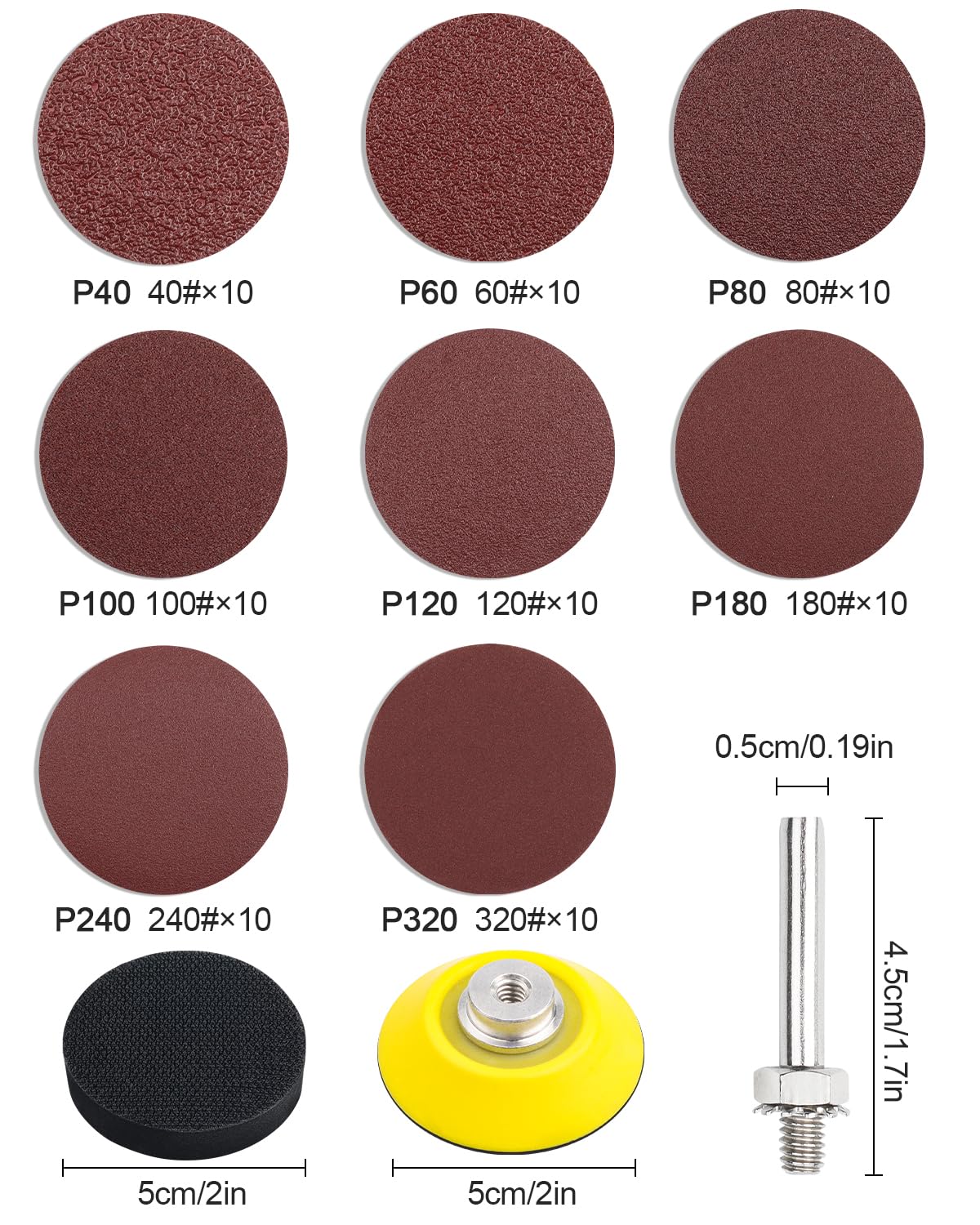 JatilEr 80 sztuk papieru ściernego, mocowane na rzep 50 mm, krążki szlifierskie, 2 cale, okrągłe, ziarnistość: P40, P60, P80, P100, P120, P180, P240, P320, krążki szlifierskie mimośrodowe, zestaw