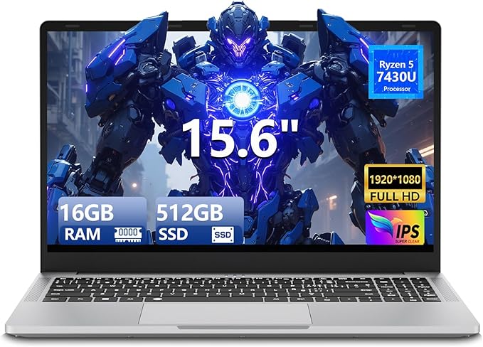 15,6 pouces Ordinateur portable Ryzen 5 7430U, 16 Go de RAM SSD 512 Go, Carte Graphique Radeon, PC Portable écran IPS Full HD, Type-C, USB 3.0, HDMI, clavier numérique rétroéclairé, Win11 Laptop