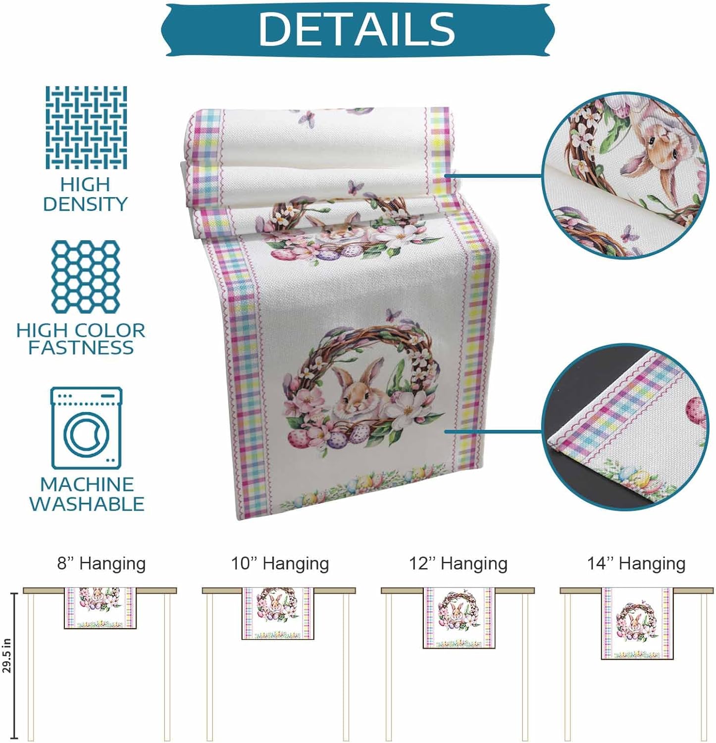 Seven Roses Spring Easter Table Runner 120 Inches Long, Watercolor Bunny Wreath Farmhouse Dress Scarves, Colorful Checkered Dining Tablerunner for Coffee Table/Kitchen Island/Party Décor, 13" x 120"