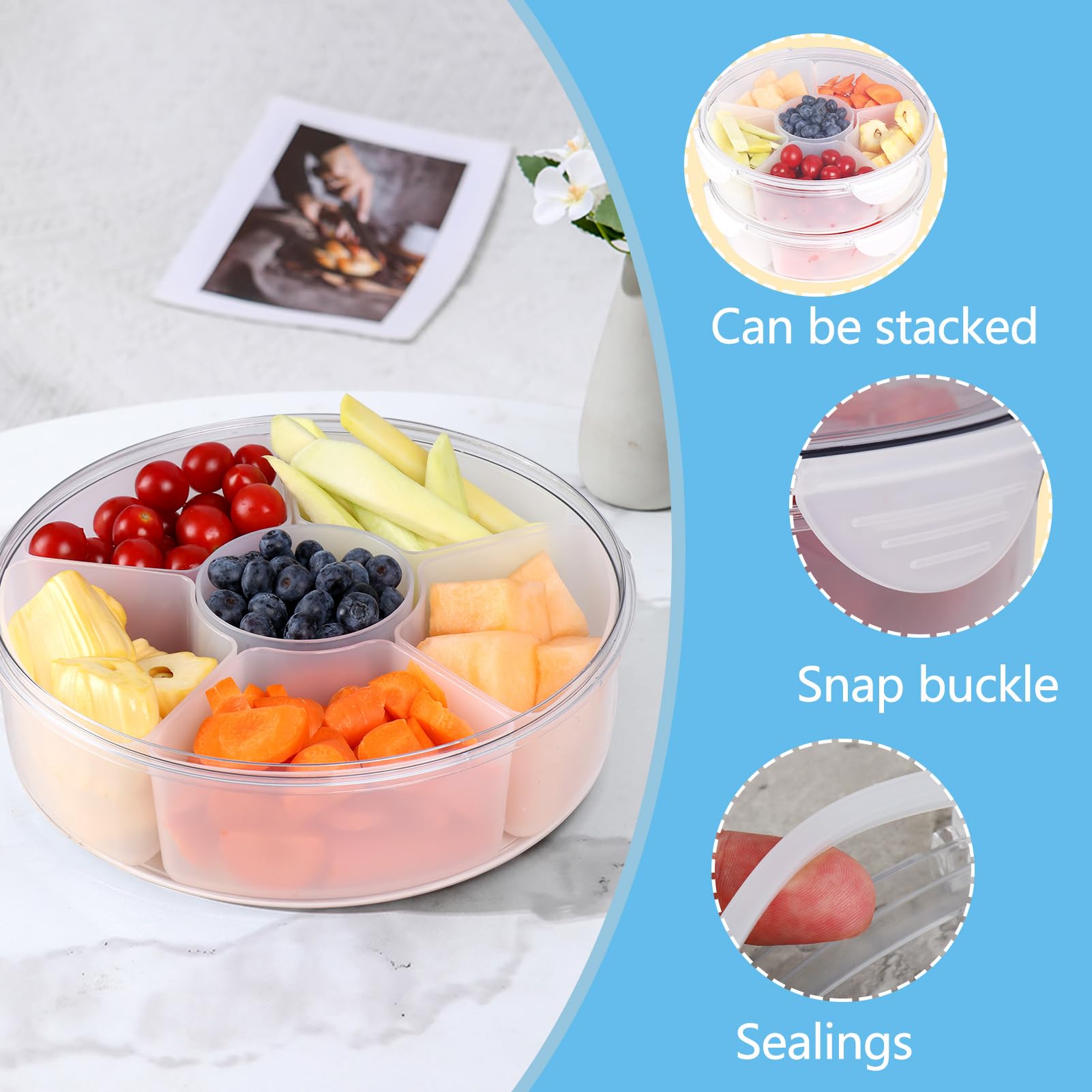 Plateau à Légumes Avec Couvercle Pour Réfrigérateur – Lot de 2 Boîtes à Collations Transparentes Divisées pour Charcuterie, 6 Compartiments de Rangement pour Fêtes, Voyages, Pique-niques