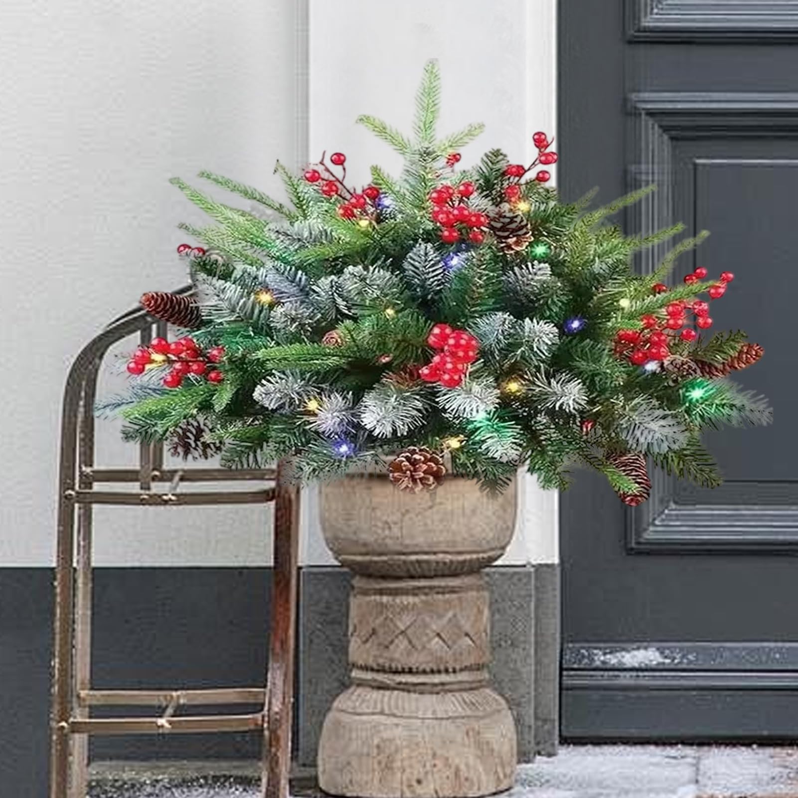 Preiluminado Relleno de Urna Navideño Árbol de Navidad Exterior con 60 | Decoración con 8 Modos y Temporizador Para Jardín Chimenea Maceta Entrada