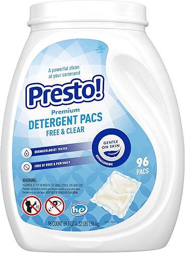 Marca Tienda - Presto! - Paquete de detergente para ropa, libre y transparente, hipoalergénico, libre de perfumes, transparente de tintes, 96