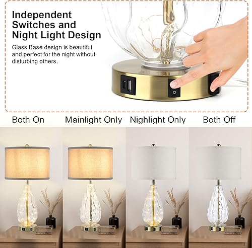 Miniatura 4 de Juego de 2 lámparas de mesa, lámpara de mesita de noche de granja de 3 vías regulables USB A+C con control táctil, lámpara de mesa moderna para