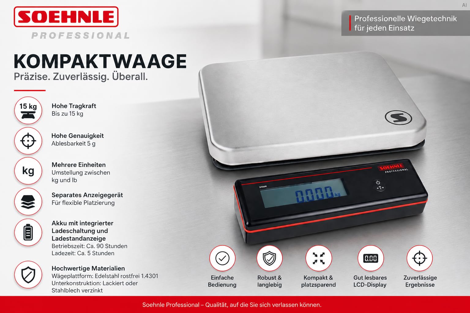 SOEHNLE PROFESSIONAL Tischwaage 15kg I 5g I Akku I Terminal 3700R I 310x275mm I IP42