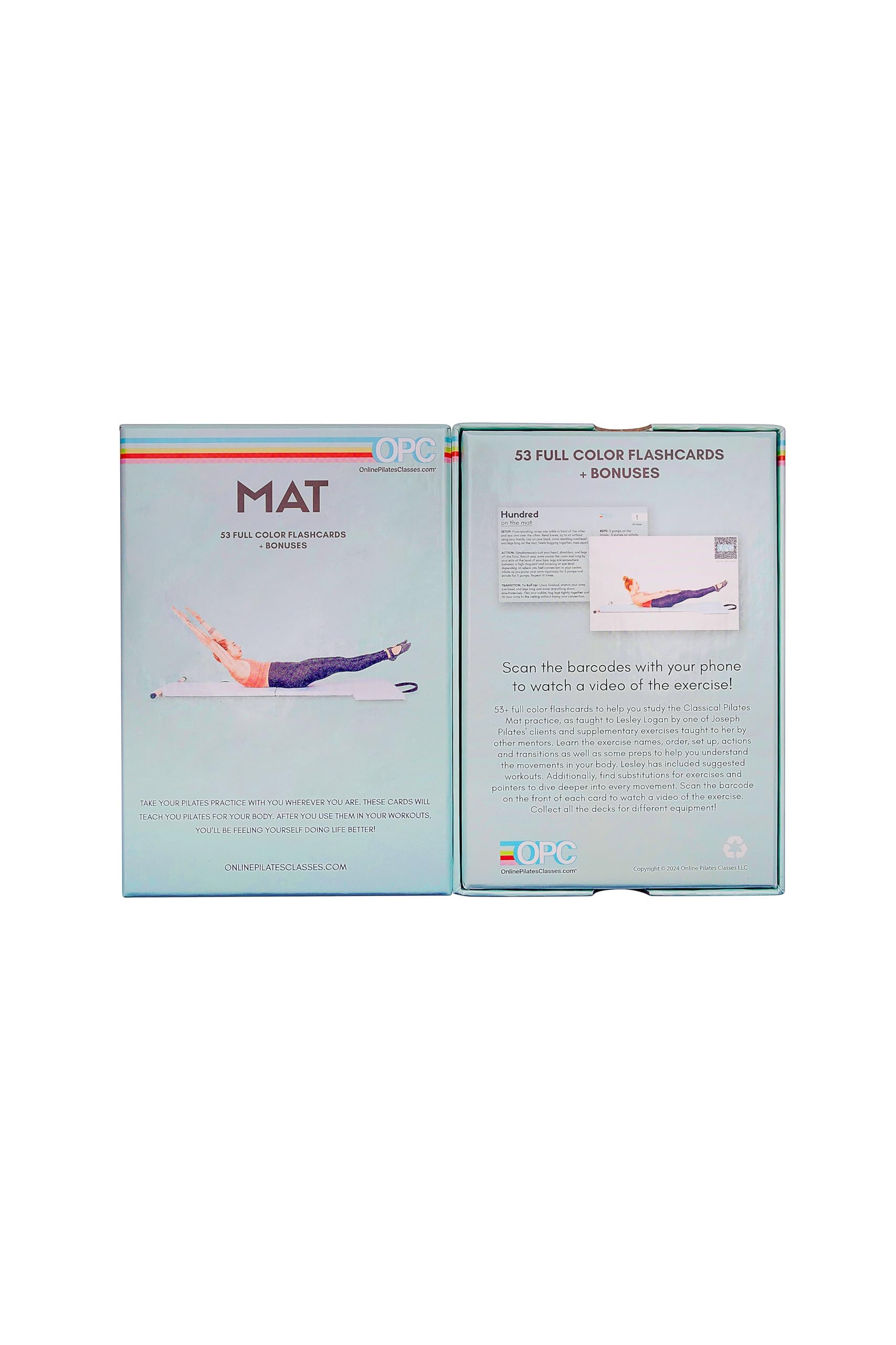 OnlinePilatesClasses Mat Pilates Workout Planner with Video Tutorials, 59 All-Level Exercise Flash Cards Ideal for Yoga, Abs, Core Workouts and Fitness Enthusiasts, No Equipment Needed