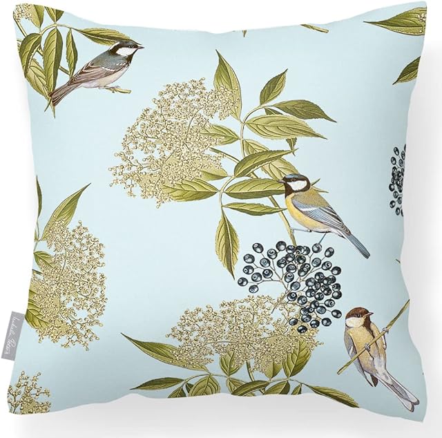 Izabela Peters® Luxury Designer Garden Outdoor Cushions | Waterproof, Filled & Breathable - Bird On Elderflower - Duck Egg - Perfect For Rattan Furniture, Chairs, Benches.