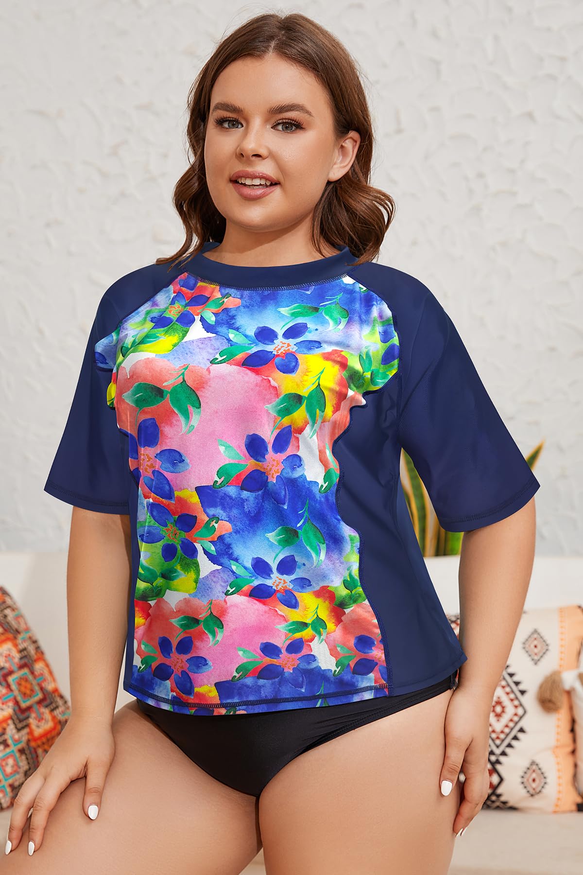 SHEKINI Camiseta de Natación con Protección Solar para Mujer Camiseta de Surf de Manga Corta Traje de Baño Superior Talla Grande