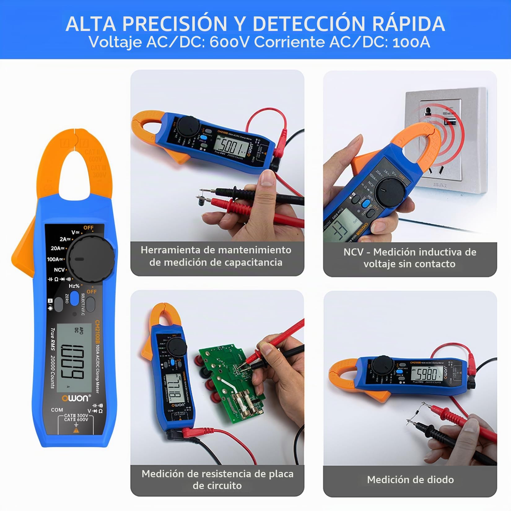 OWON CM2100B Pinza amperimétrica Bluetooth 20000 cuentas de mano True RMS 600V 100A AC/DC prueba de corriente y voltaje con protección de sobrecarga VFC, probador de capacitancia de resistencia, NCV