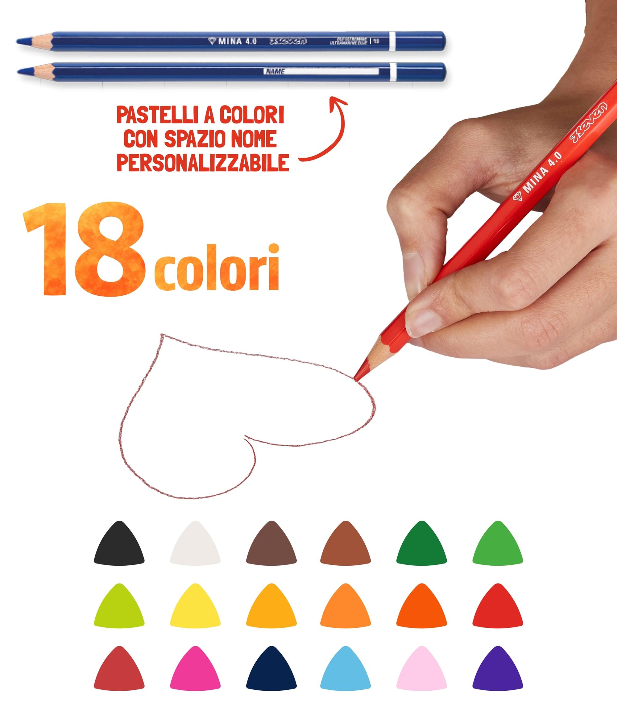 Seven Set Matite Colorate - Scatola da 18 pz - Confezione Pastelli Scuola, Ufficio - MINA 4.0 - Spazio Etichetta Nome
