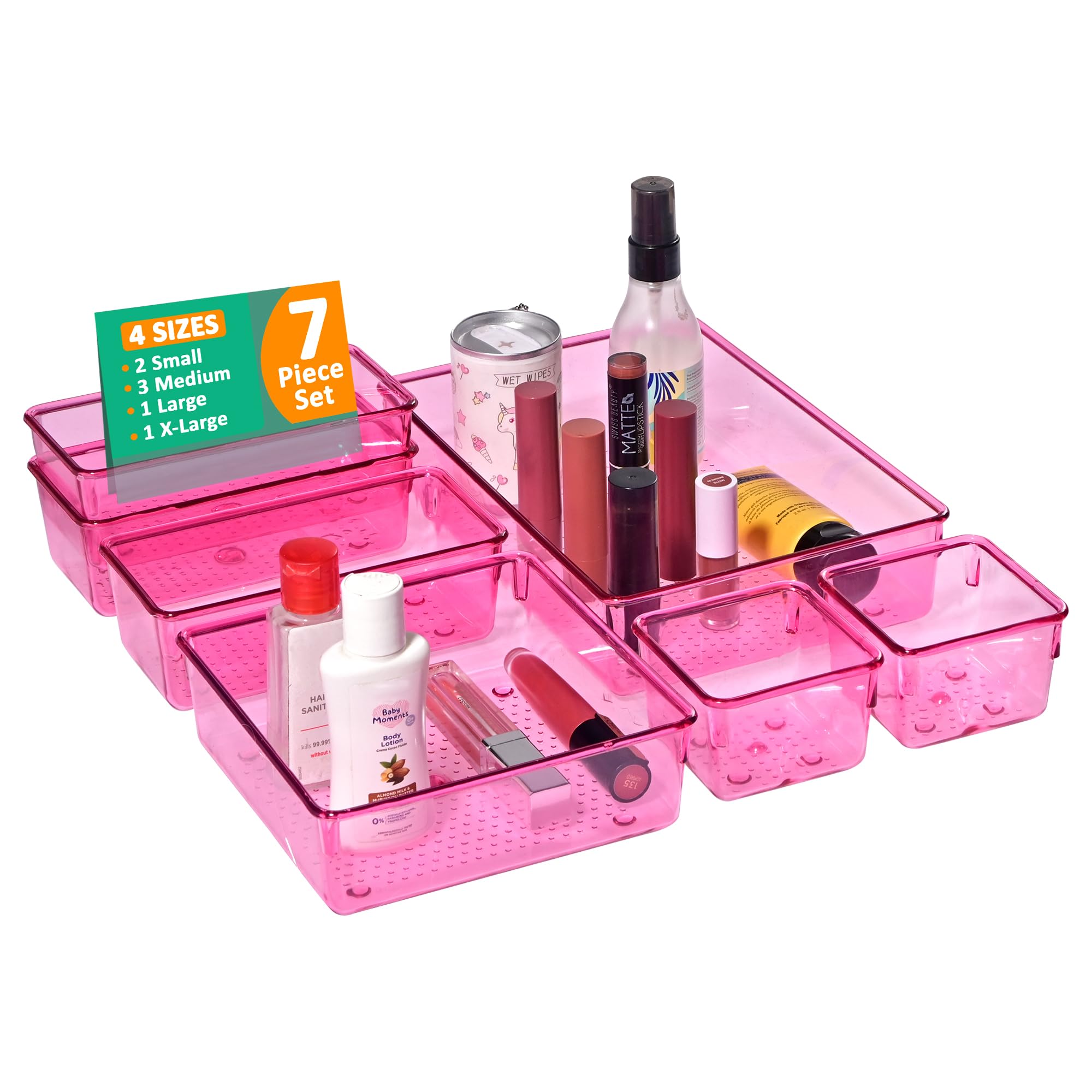 Kuber Industries Set di 7 vassoi trasparenti per cosmetici, organizer per cassetti, per cucina, ufficio e bagno, per trucchi, cancelleria, colore: rosa