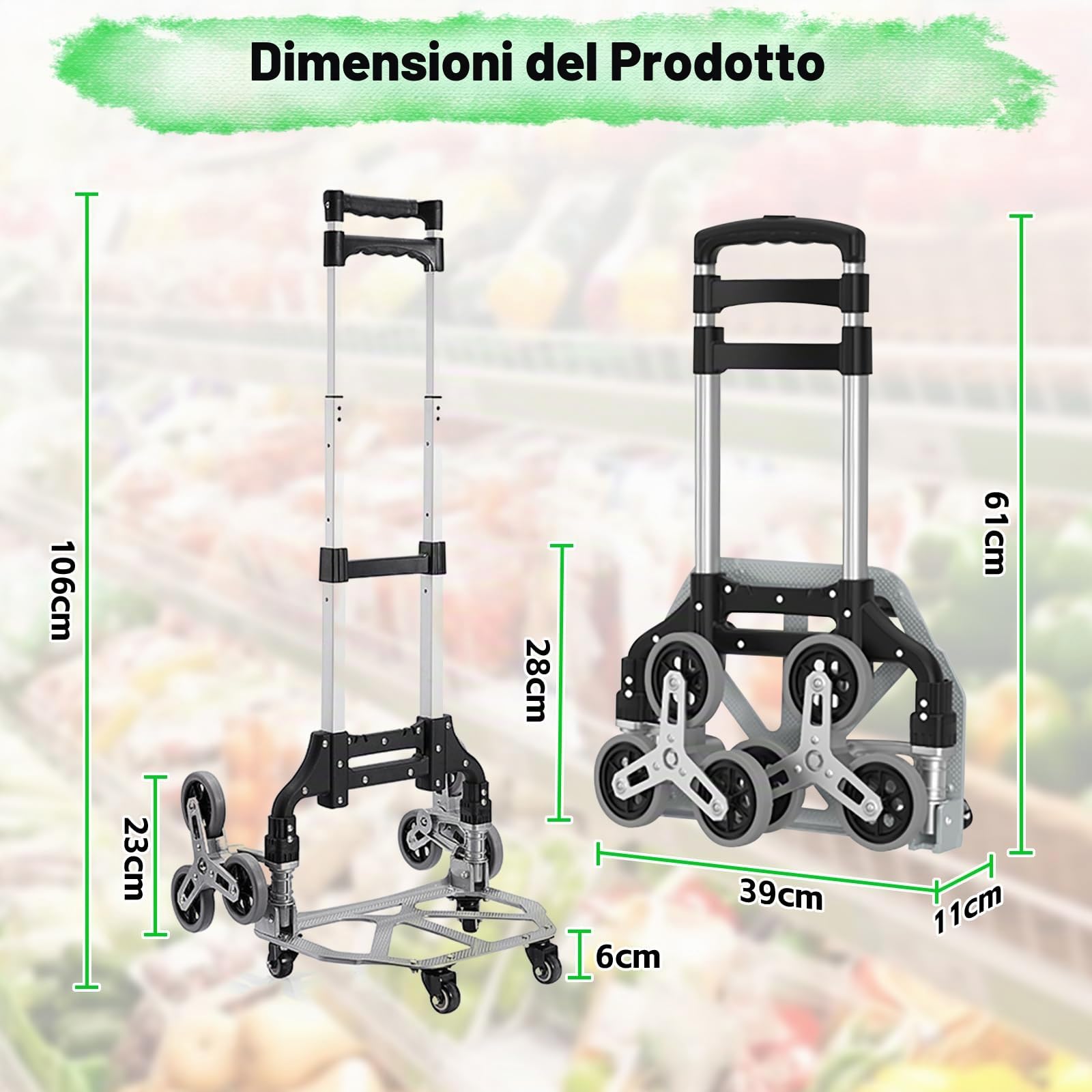 Carrello Saliscale Pieghevole, per Salire le Scale, Traslocare, Trasportare | Con Quattro Ruote Piccole Universali Girevoli a 360° e 2 Ruote di Cristallo, Maniglia Regolabile Fino a 100 kg